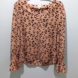 Bee neck, leopard print, long sleeve blouse.